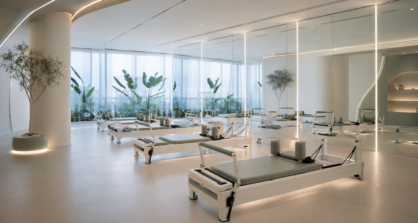 Leyna Studios minimal ve fütüristik reformer pilates stüdyosu